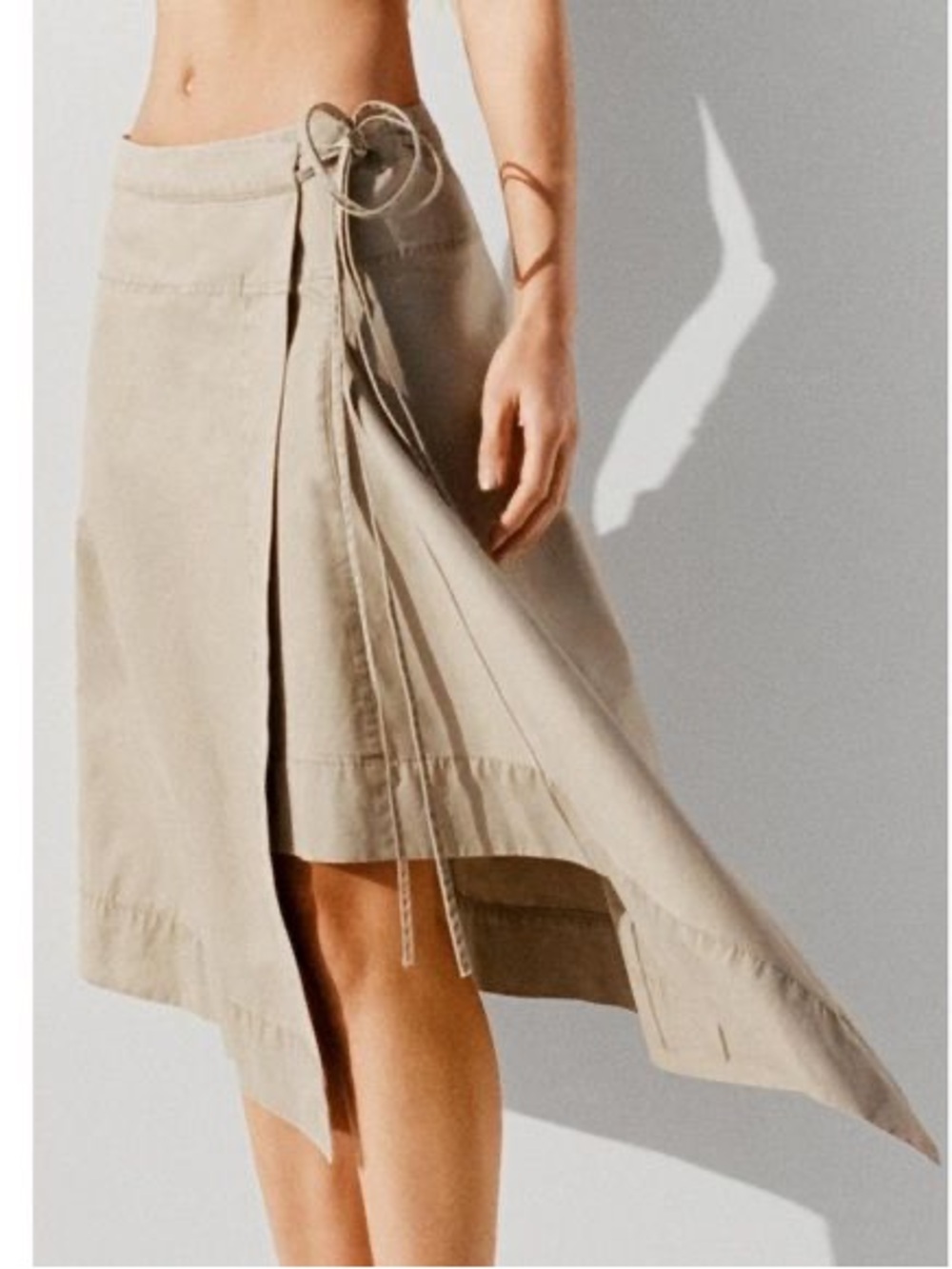 Zara Beige Asymmetrical Tie-Waist Midi Skirt